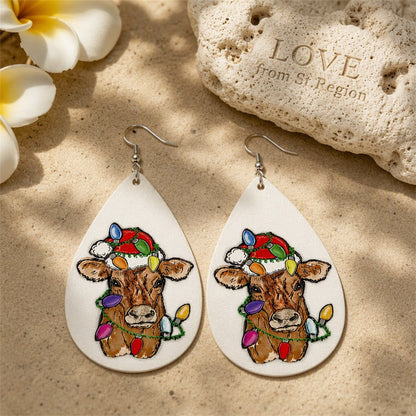 Red Polystyrene and Silver-Plated Holiday Lights Cow Drop Earrings, silver drop earrings for women, lifestyle look