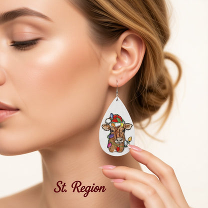 Red Polystyrene and Silver-Plated Holiday Lights Cow Drop Earrings, silver drop earrings for women, styled look