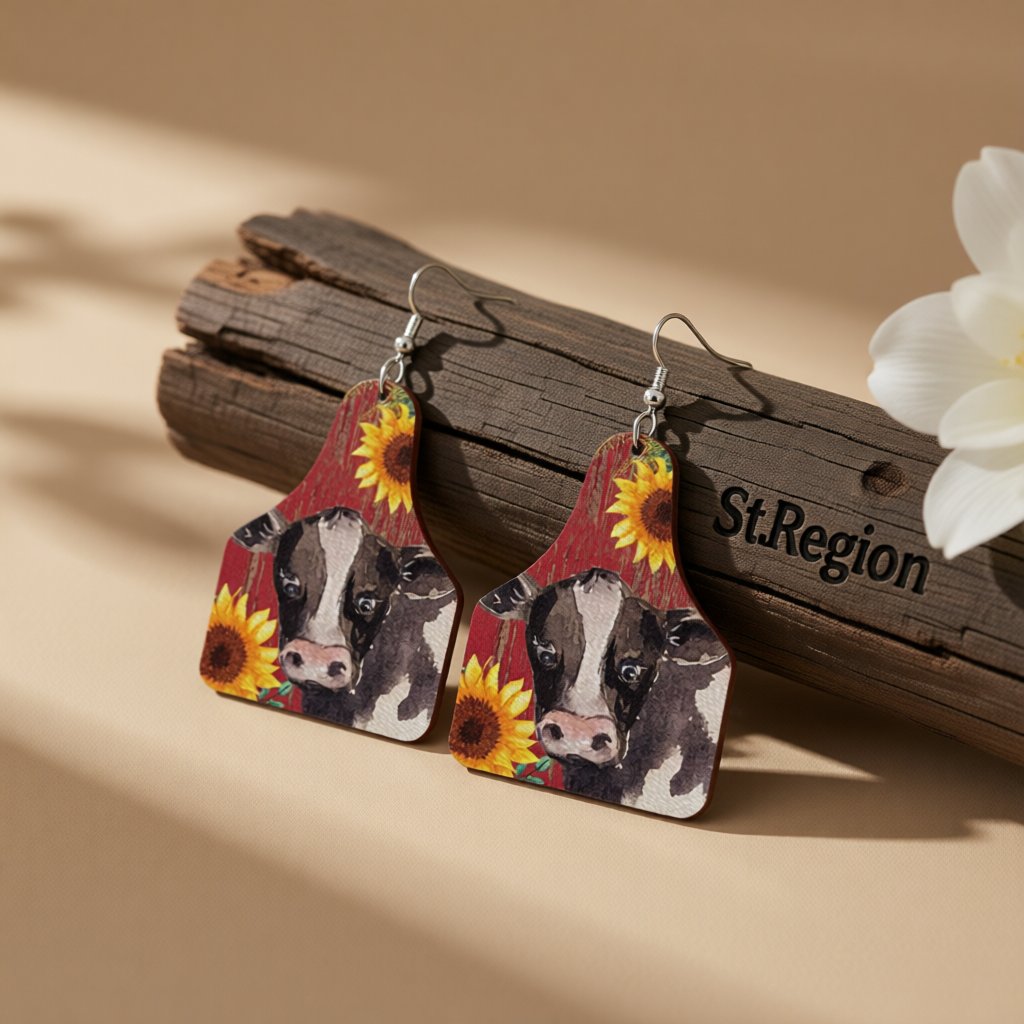 Red and Silver-Plated Sunflower Cow Dangle Earrings, silver drop earrings for women, vintage-inspired design, front view