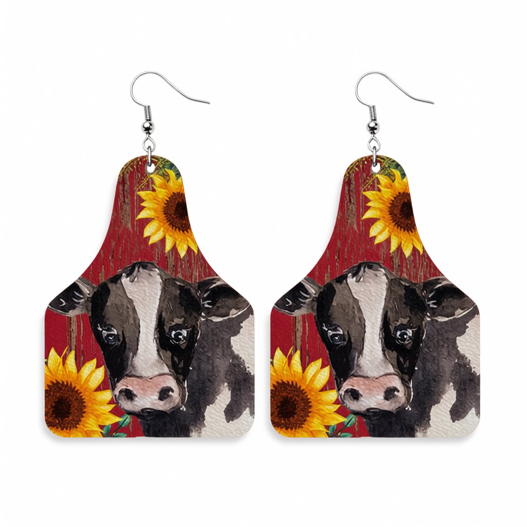 Red and Silver-Plated Sunflower Cow Dangle Earrings, silver drop earrings for women, vintage-inspired design, side view