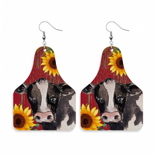 Red and Silver-Plated Sunflower Cow Dangle Earrings, silver drop earrings for women, vintage-inspired design, side view