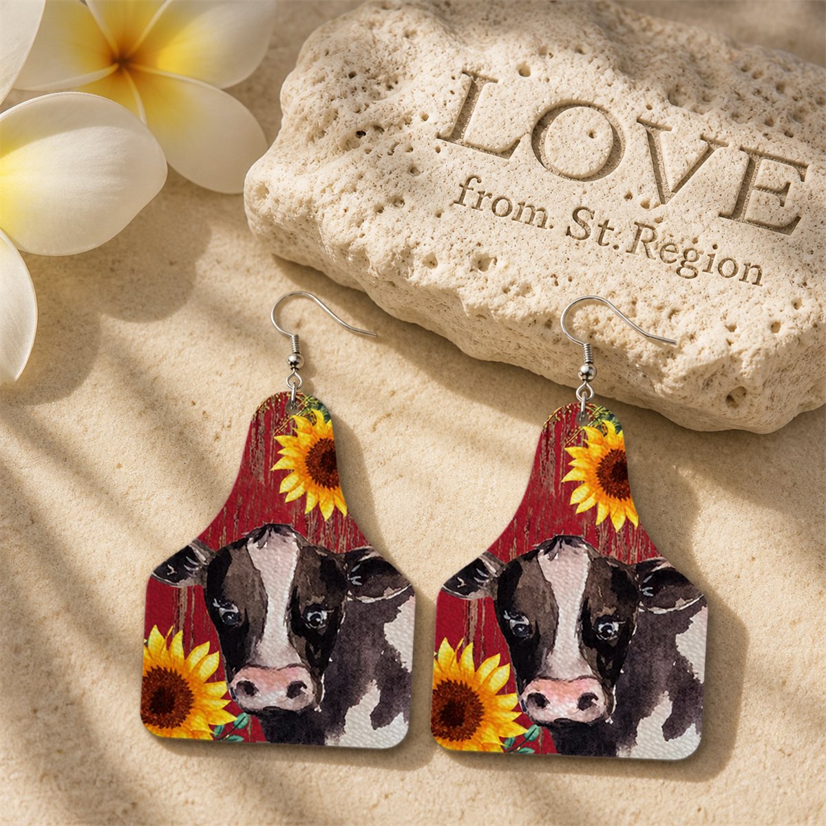 Red and Silver-Plated Sunflower Cow Dangle Earrings, silver drop earrings for women, vintage-inspired design, lifestyle look