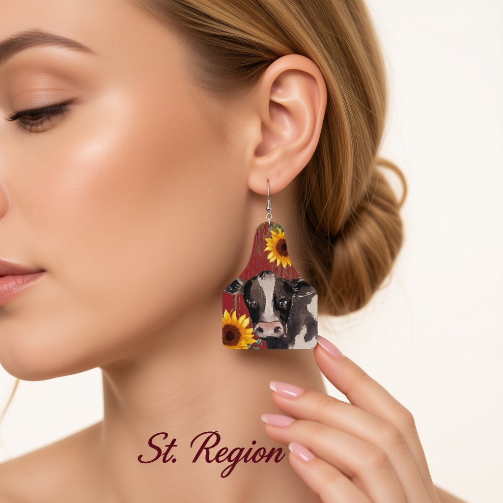 Red and Silver-Plated Sunflower Cow Dangle Earrings, silver drop earrings for women, vintage-inspired design, styled look