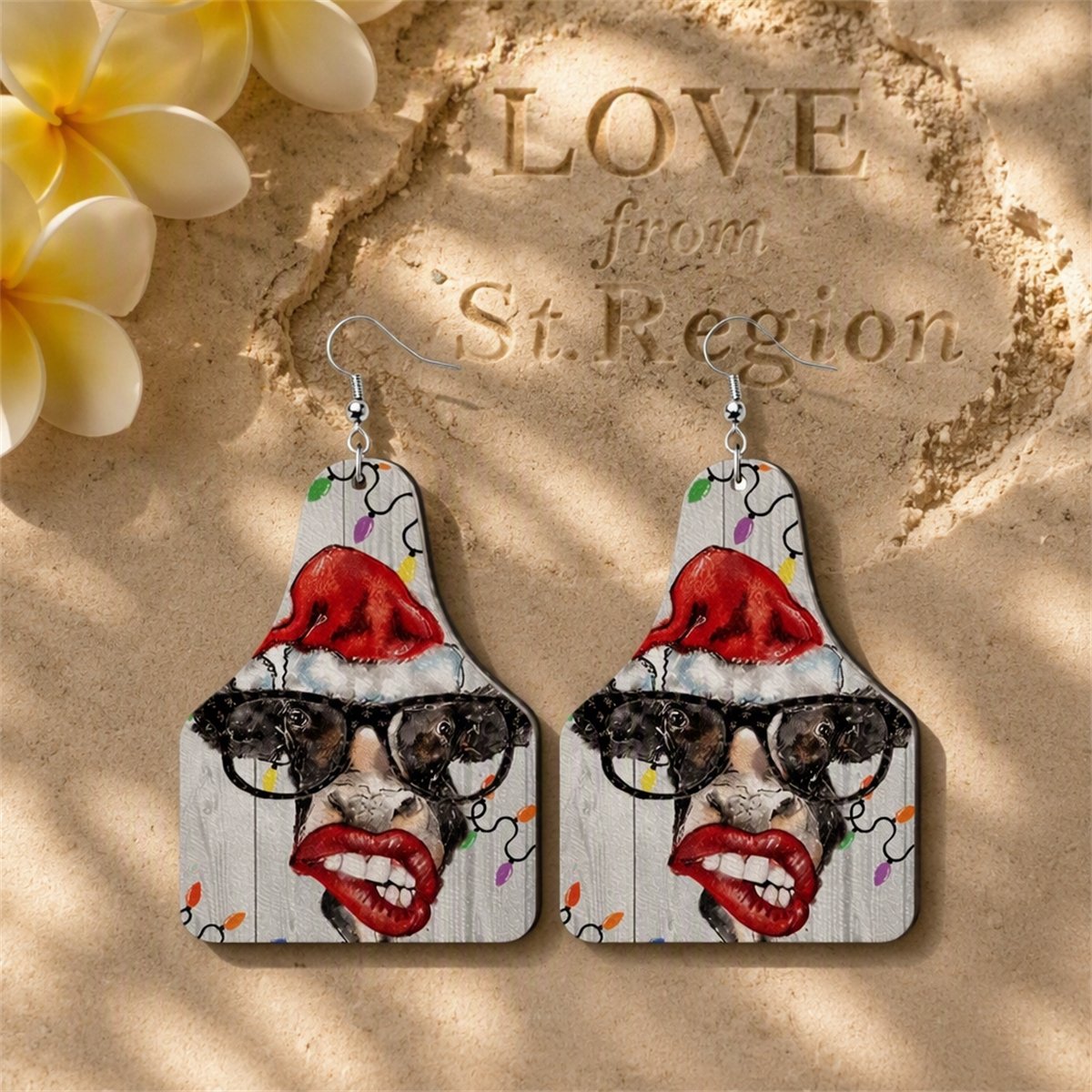 Red Polystyrene and Silver-Plated Christmas Hat Cow Drop Earrings, silver drop earrings for women, lifestyle look