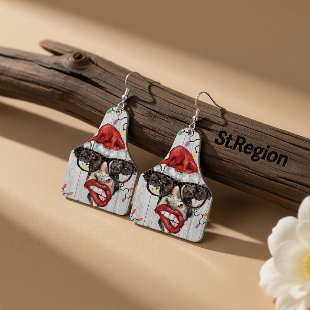 Red Polystyrene and Silver-Plated Christmas Hat Cow Drop Earrings, silver drop earrings for women, everyday style, front view