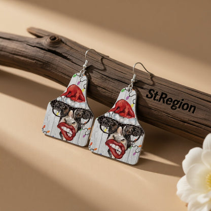 Red Polystyrene and Silver-Plated Christmas Hat Cow Drop Earrings, silver drop earrings for women, everyday style, front view