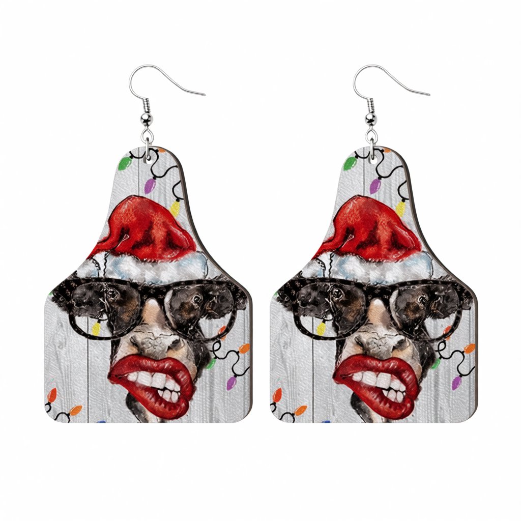 Red Polystyrene and Silver-Plated Christmas Hat Cow Drop Earrings, silver drop earrings for women, everyday style, side view