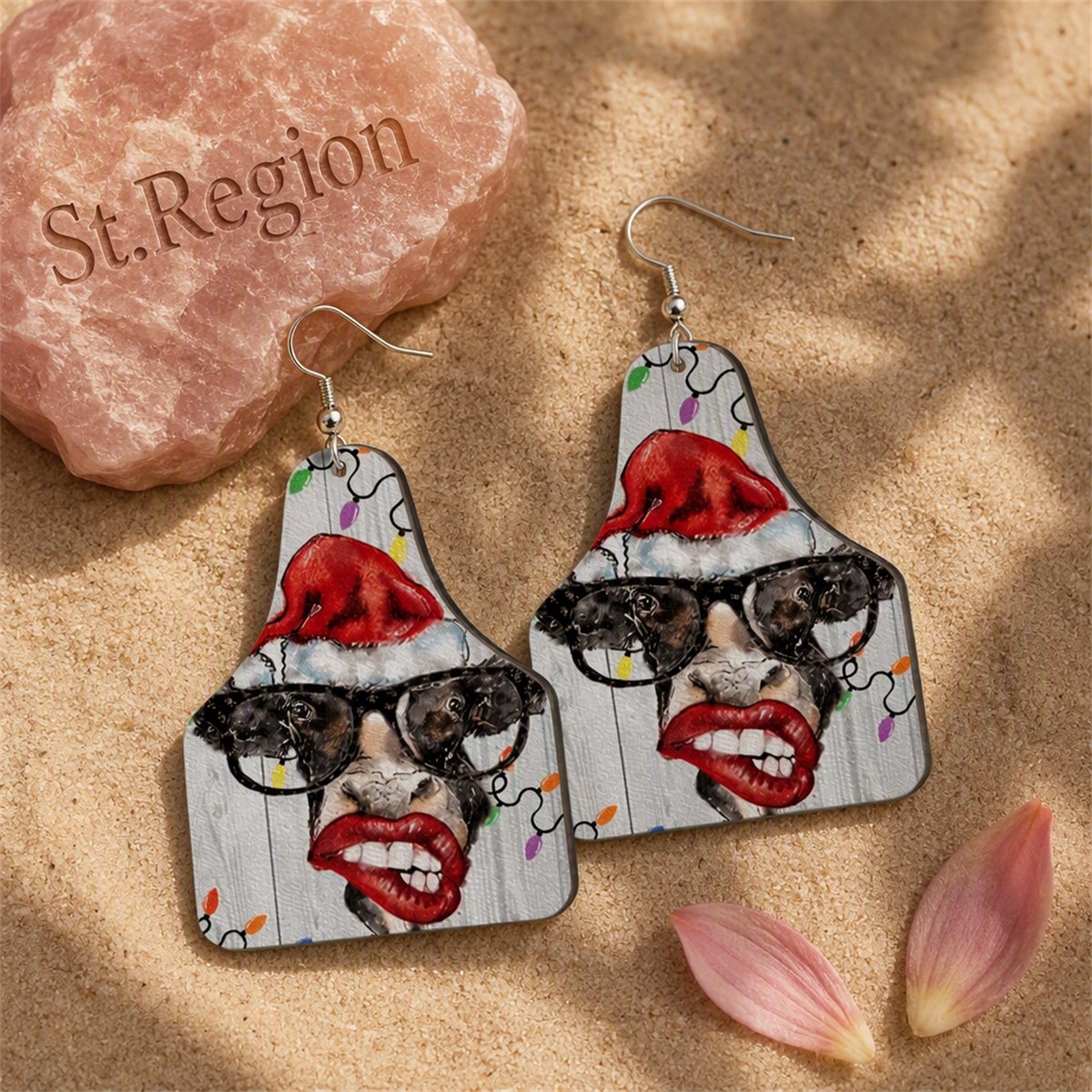 Red Polystyrene and Silver-Plated Christmas Hat Cow Drop Earrings, silver drop earrings for women, detail close-up