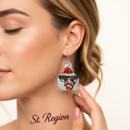 Red Polystyrene and Silver-Plated Christmas Hat Cow Drop Earrings, silver drop earrings for women, styled look