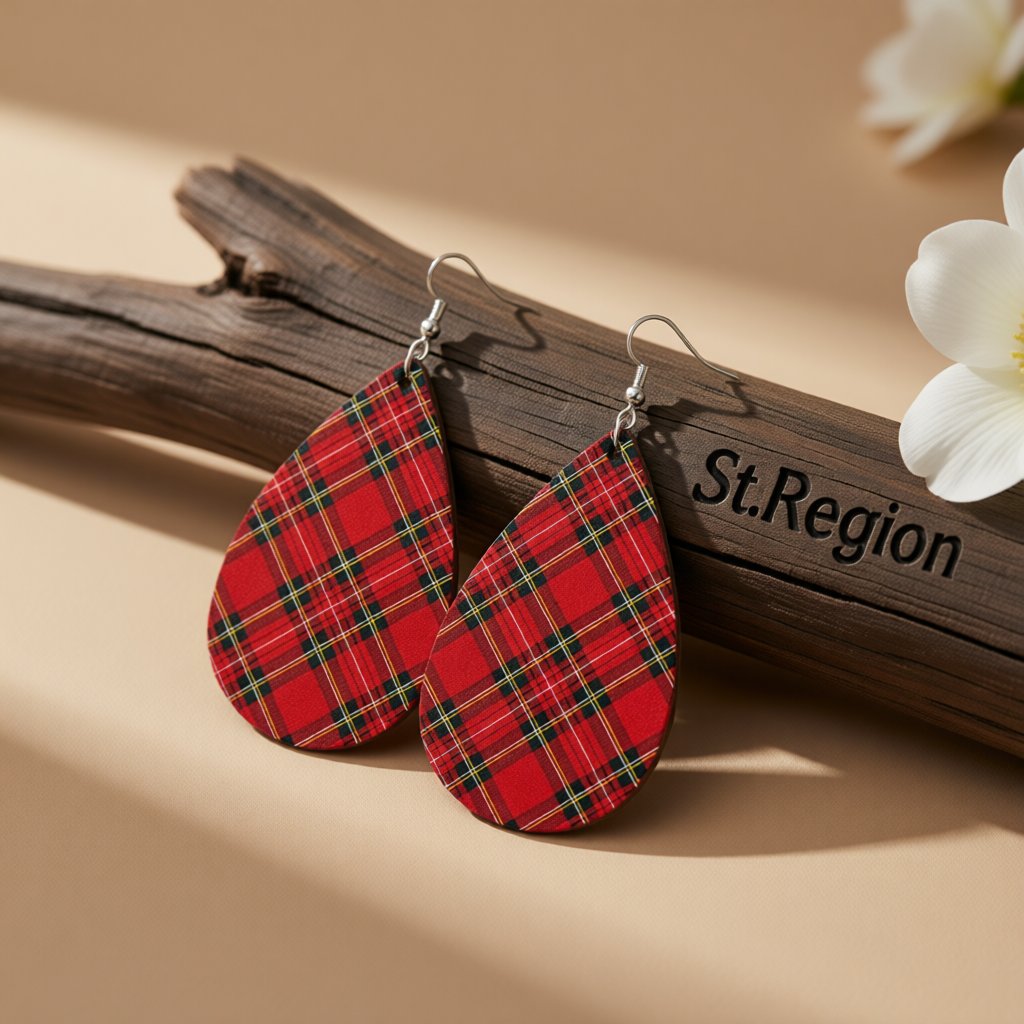Red and Green Plaid Teardrop Earrings, drop earrings for women, vintage-inspired design, front view