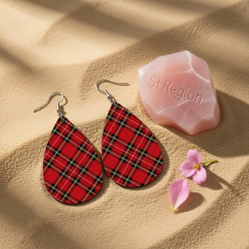 Red and Green Plaid Teardrop Earrings, drop earrings for women, vintage-inspired design, detail close-up