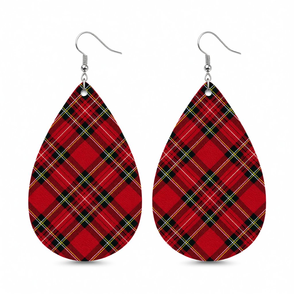 Red and Green Plaid Teardrop Earrings, drop earrings for women, vintage-inspired design, side view