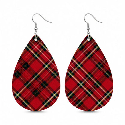 Red and Green Plaid Teardrop Earrings, drop earrings for women, vintage-inspired design, side view