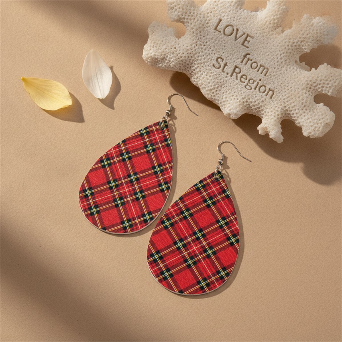 Red and Green Plaid Teardrop Earrings, drop earrings for women, vintage-inspired design, lifestyle look