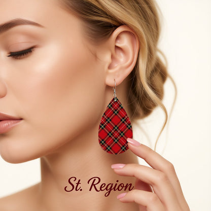 Red and Green Plaid Teardrop Earrings, drop earrings for women, vintage-inspired design, styled look