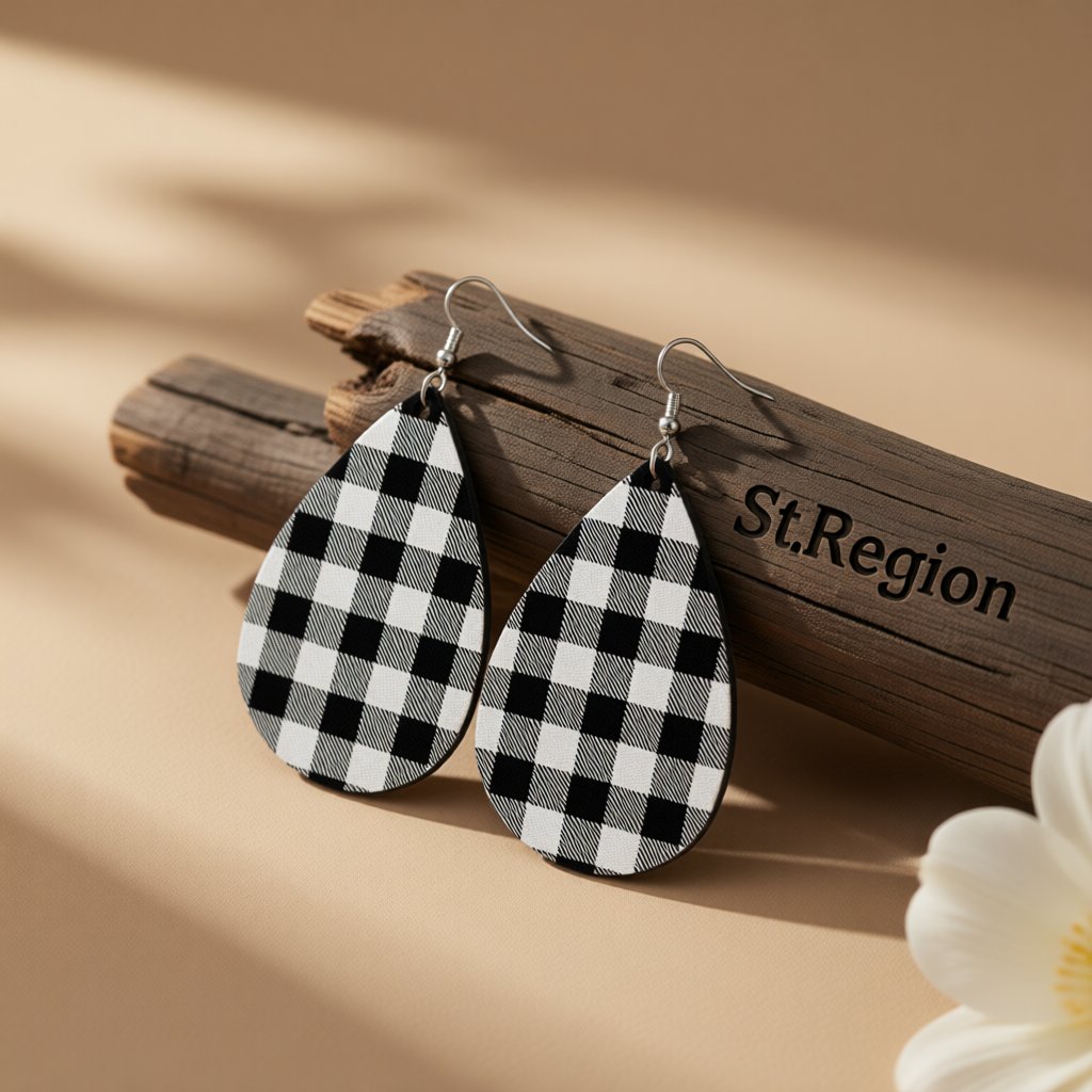 Black and White Plaid Teardrop Earrings, drop earrings for women, vintage-inspired design, front view