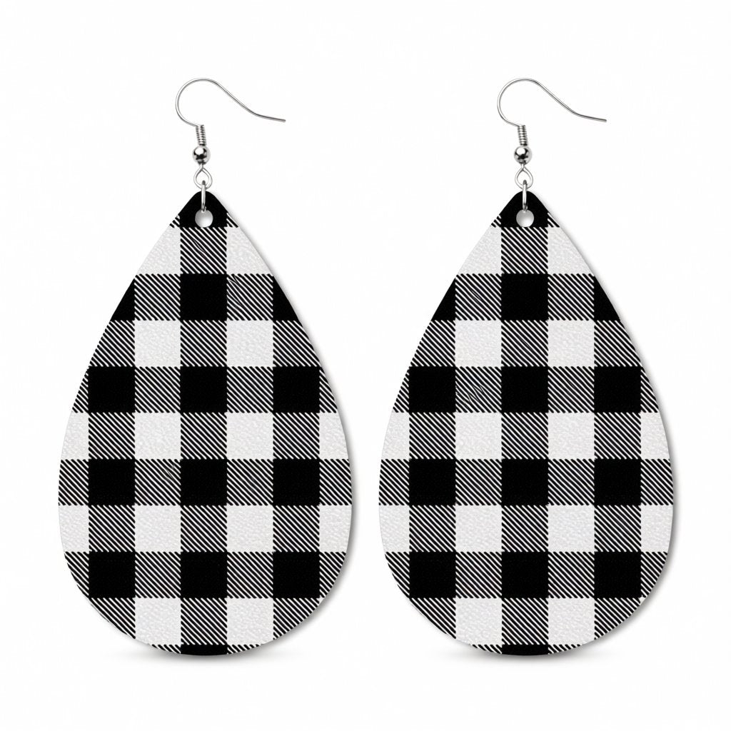 Black and White Plaid Teardrop Earrings, drop earrings for women, vintage-inspired design, side view