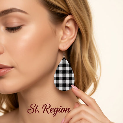 Black and White Plaid Teardrop Earrings, drop earrings for women, vintage-inspired design, styled look
