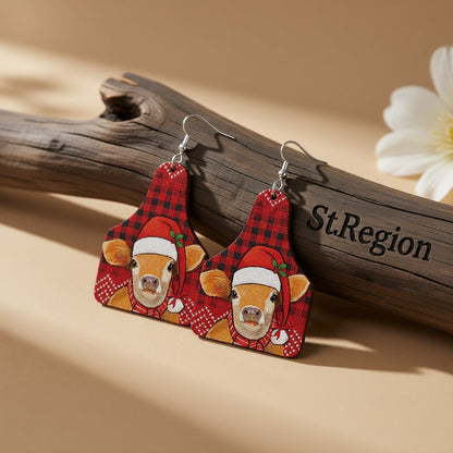 Red Holiday Cow Tag Drop Earrings, drop earrings for women, elegant gift for her, front view