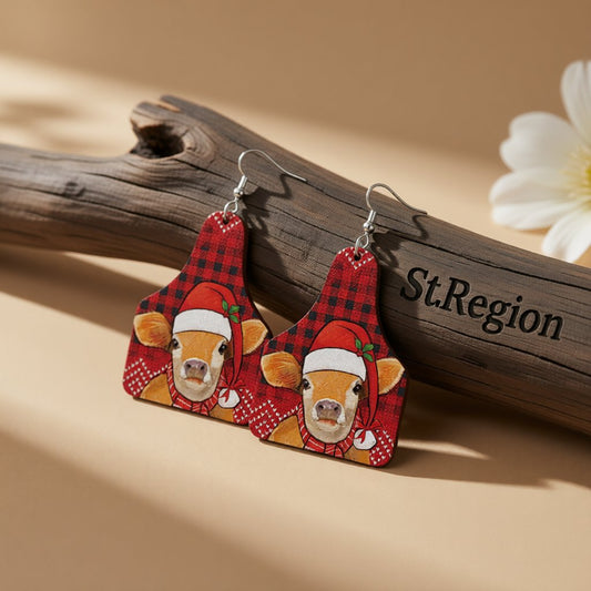 Red Holiday Cow Tag Drop Earrings, drop earrings for women, elegant gift for her, front view