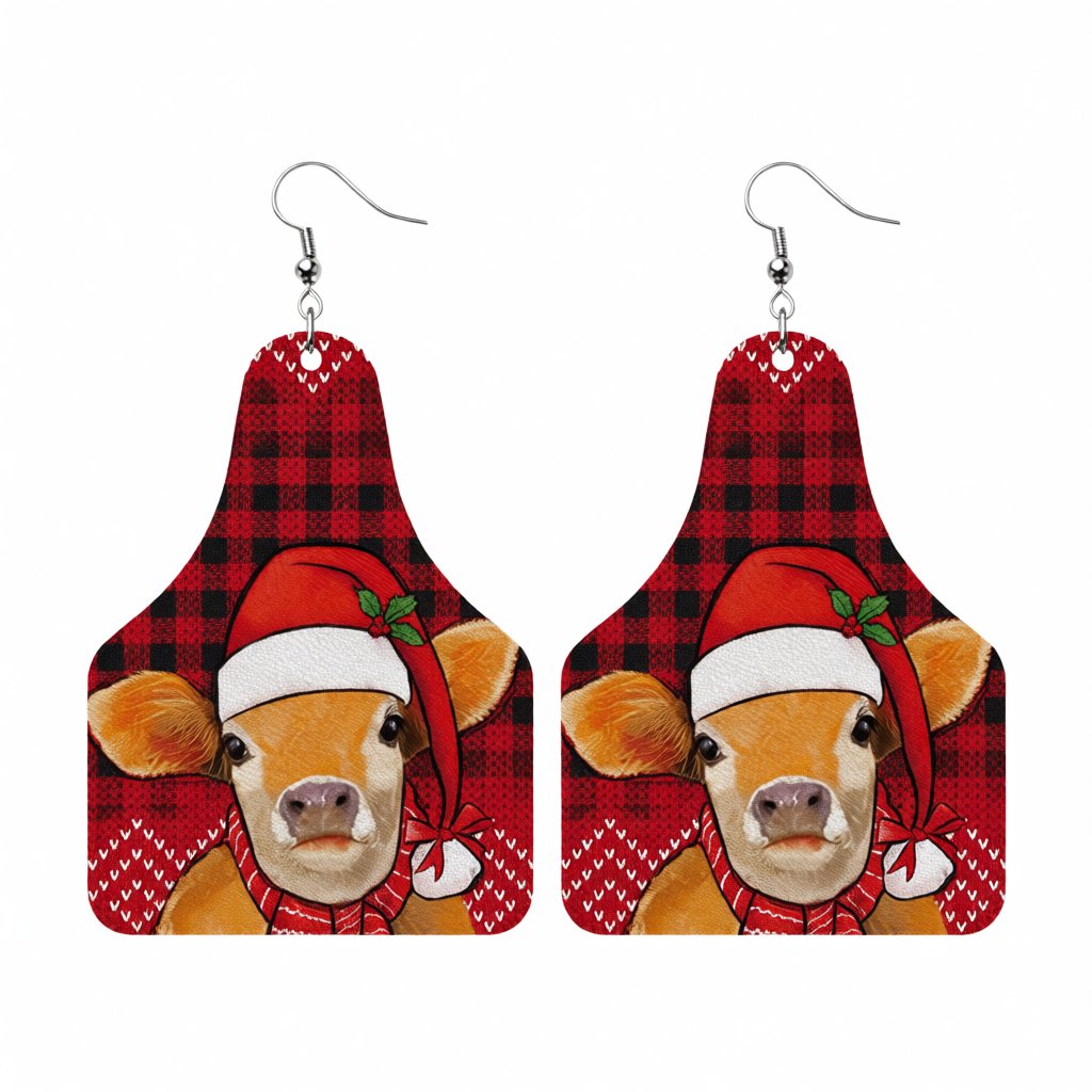 Red Holiday Cow Tag Drop Earrings, drop earrings for women, elegant gift for her, side view