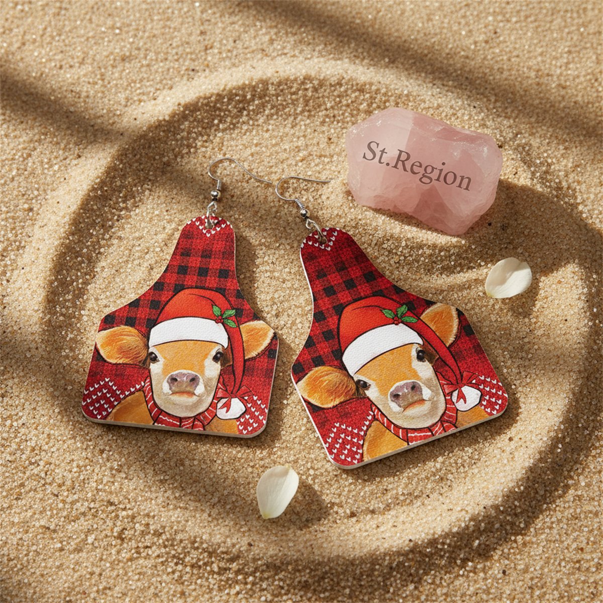 Red Holiday Cow Tag Drop Earrings, drop earrings for women, elegant gift for her, detail close-up