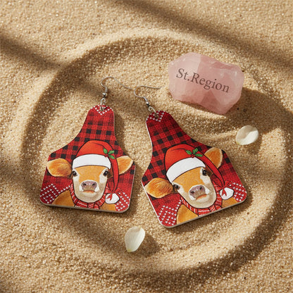 Red Holiday Cow Tag Drop Earrings, drop earrings for women, elegant gift for her, detail close-up