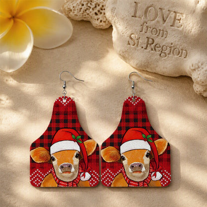 Red Holiday Cow Tag Drop Earrings, drop earrings for women, elegant gift for her, lifestyle look