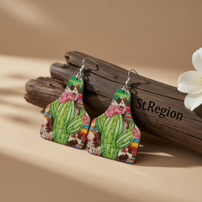 Green Polystyrene and Silver-Plated Cactus Drop Earrings, silver drop earrings for women, elegant gift for her, front view