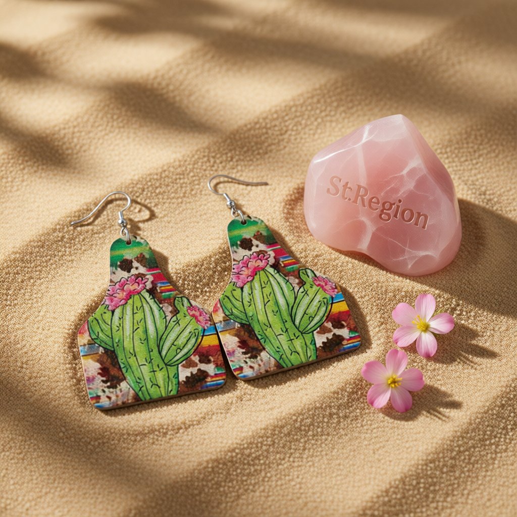 Green Polystyrene and Silver-Plated Cactus Drop Earrings, silver drop earrings for women, detail close-up