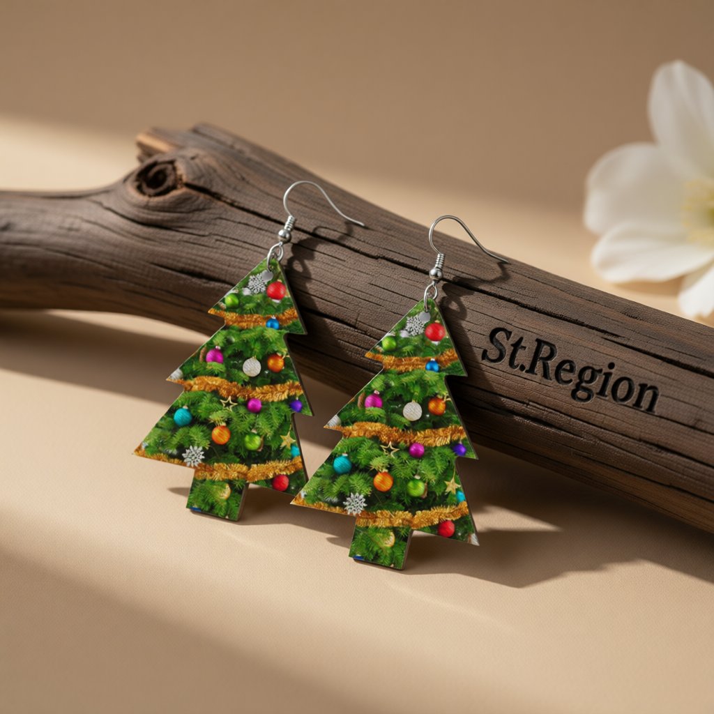 Green Polystyrene and Silver-Plated Decorated Tree Drop Earrings, silver drop earrings for women, front view