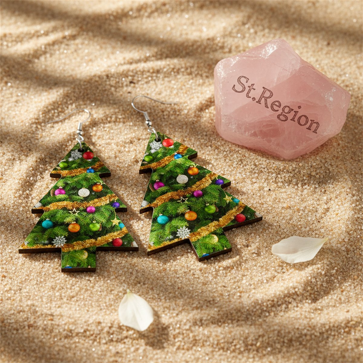 Green Polystyrene and Silver-Plated Decorated Tree Drop Earrings, silver drop earrings for women, detail close-up