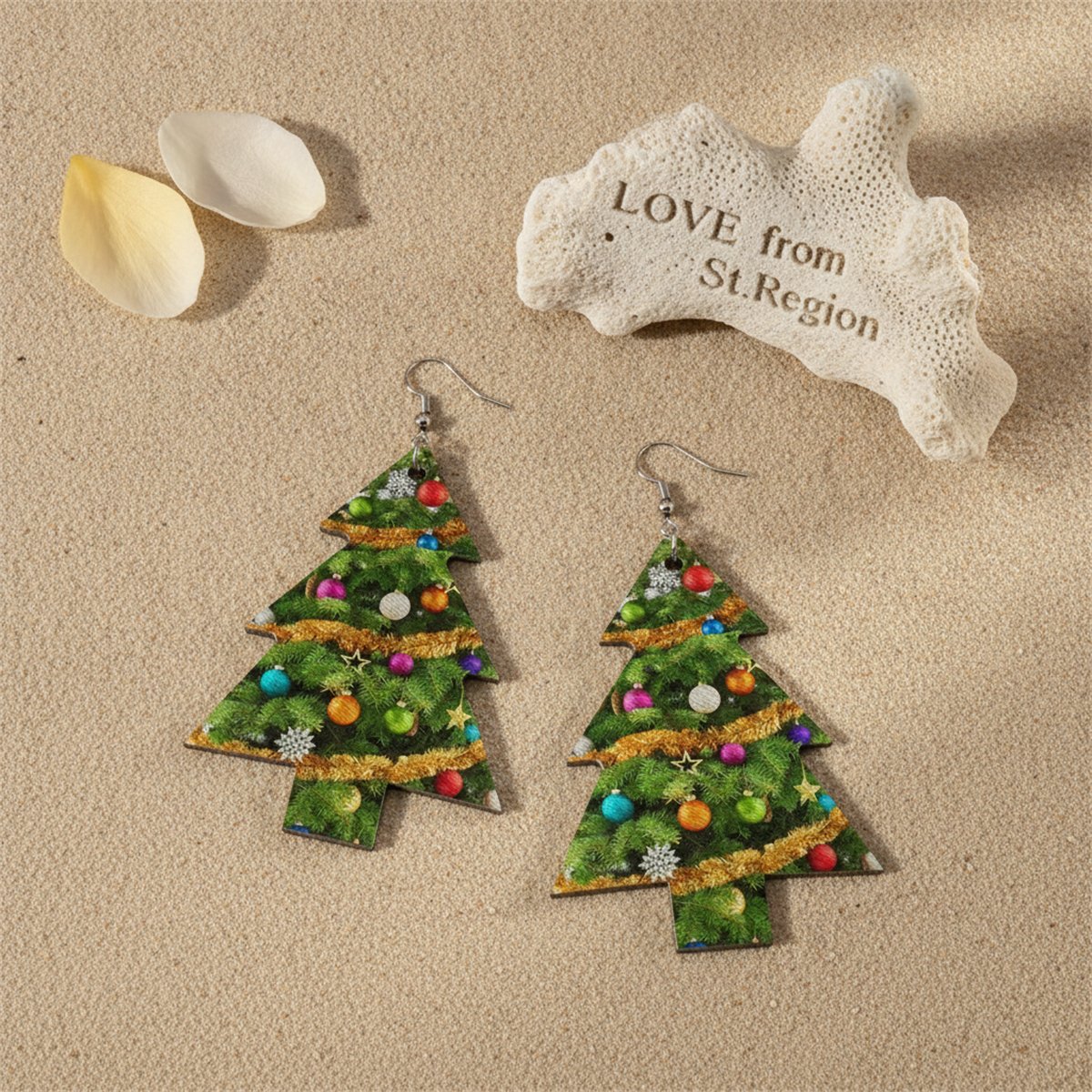 Green Polystyrene and Silver-Plated Decorated Tree Drop Earrings, silver drop earrings for women, lifestyle look