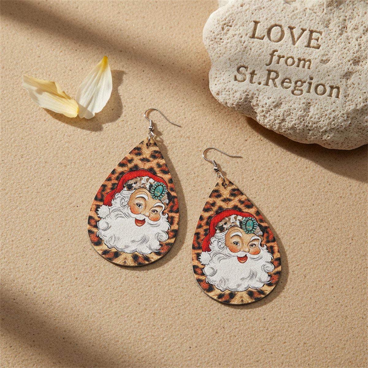Brown Leopard Santa Teardrop Earrings, drop earrings for women, botanical inspired, lifestyle look