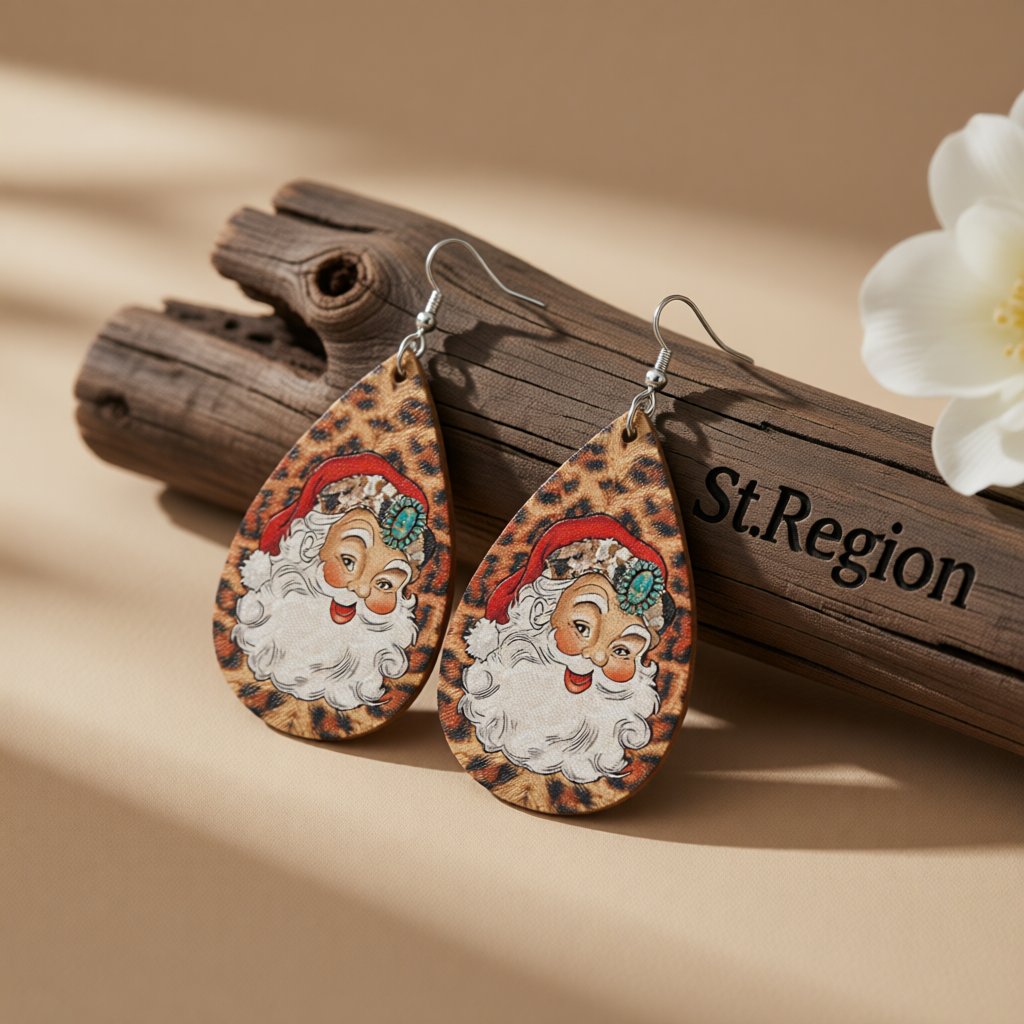 Brown Leopard Santa Teardrop Earrings, drop earrings for women, botanical inspired, front view