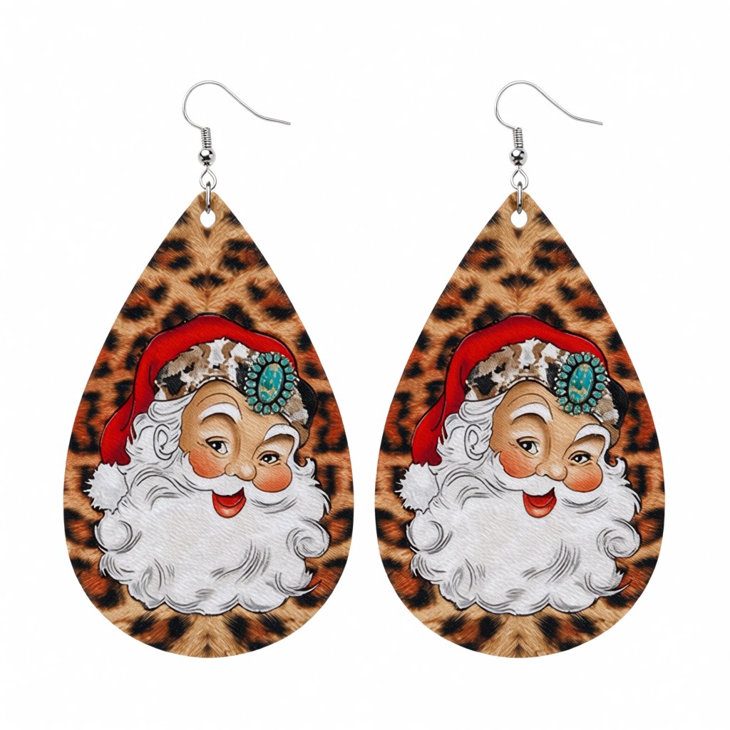 Brown Leopard Santa Teardrop Earrings, drop earrings for women, botanical inspired, side view