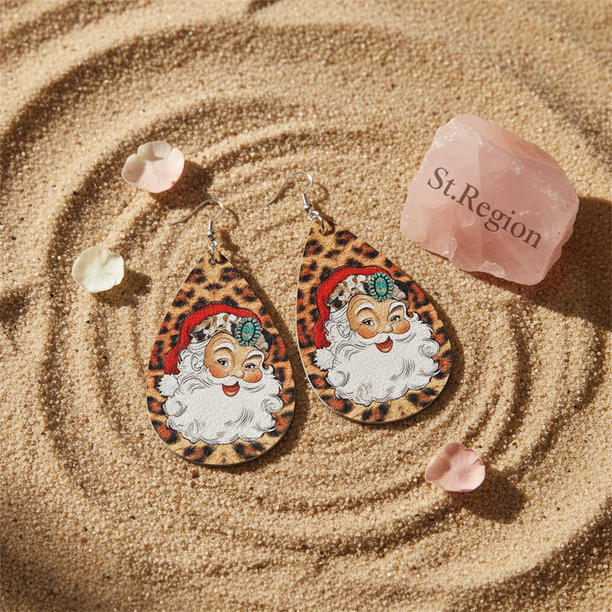 Brown Leopard Santa Teardrop Earrings, drop earrings for women, botanical inspired, detail close-up