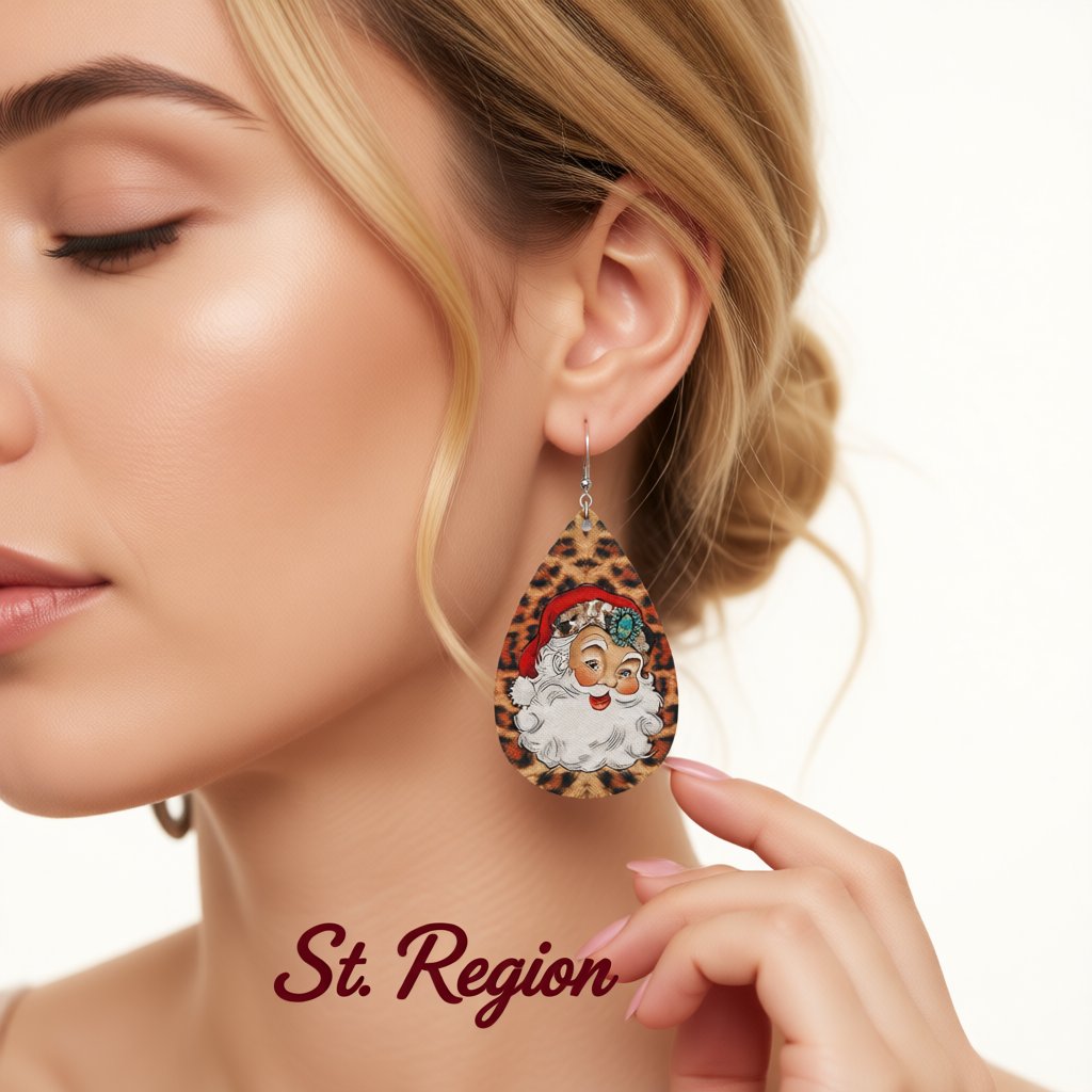 Brown Leopard Santa Teardrop Earrings, drop earrings for women, botanical inspired, styled look