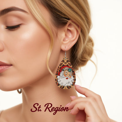 Brown Leopard Santa Teardrop Earrings, drop earrings for women, botanical inspired, styled look