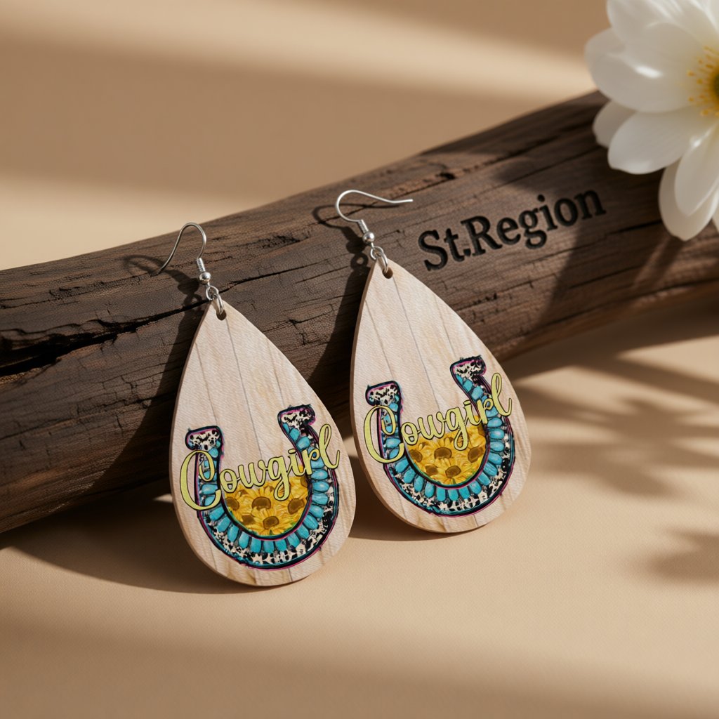 Tan and Blue 'Cowgirl' Teardrop Earrings, drop earrings for women, elegant gift for her, front view
