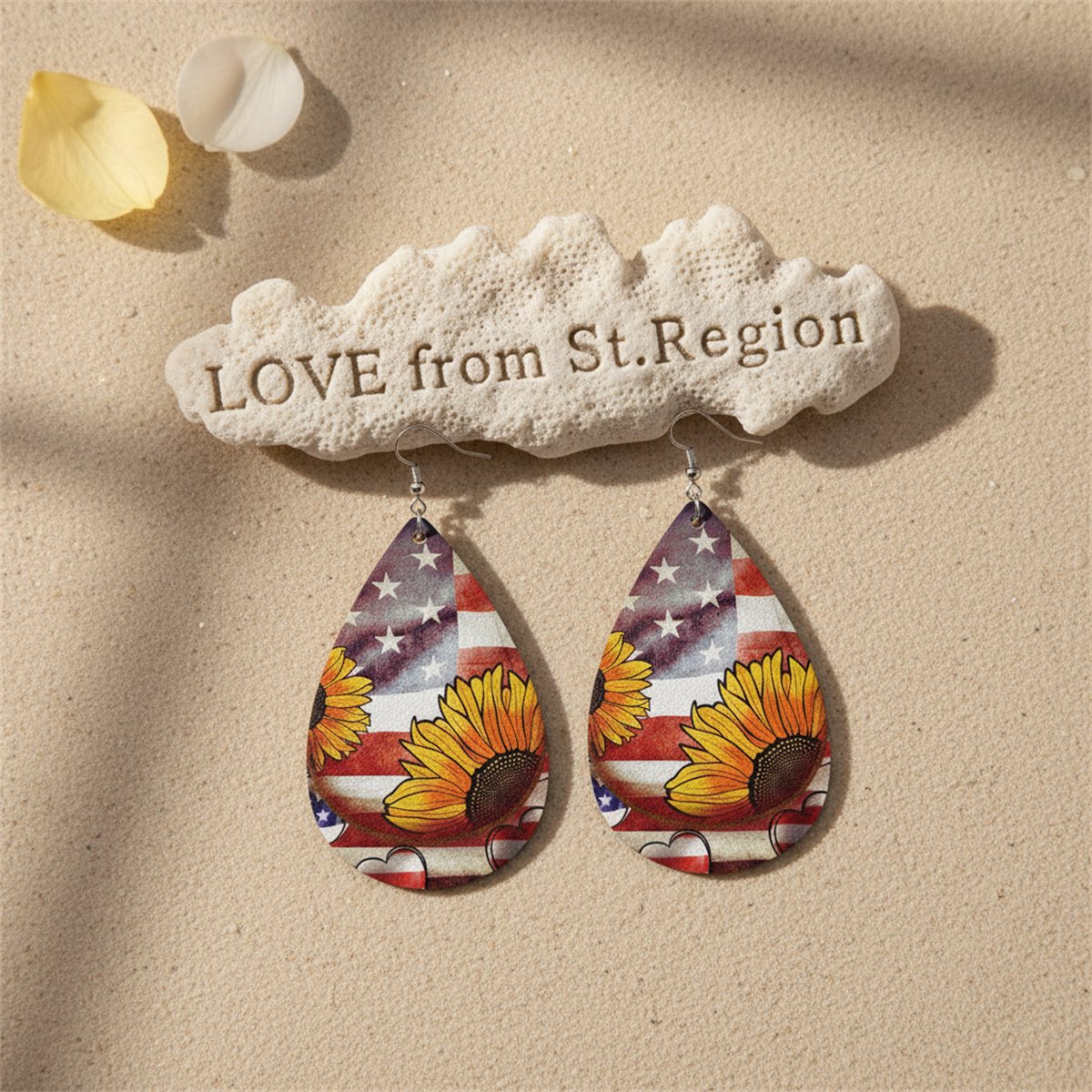 Polystyrene and Silver-Plated Stars Stripes Sunflower Drop Earrings, silver drop earrings for women, lifestyle look