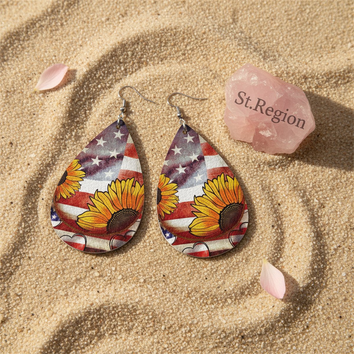Polystyrene and Silver-Plated Stars Stripes Sunflower Drop Earrings, silver drop earrings for women, detail close-up