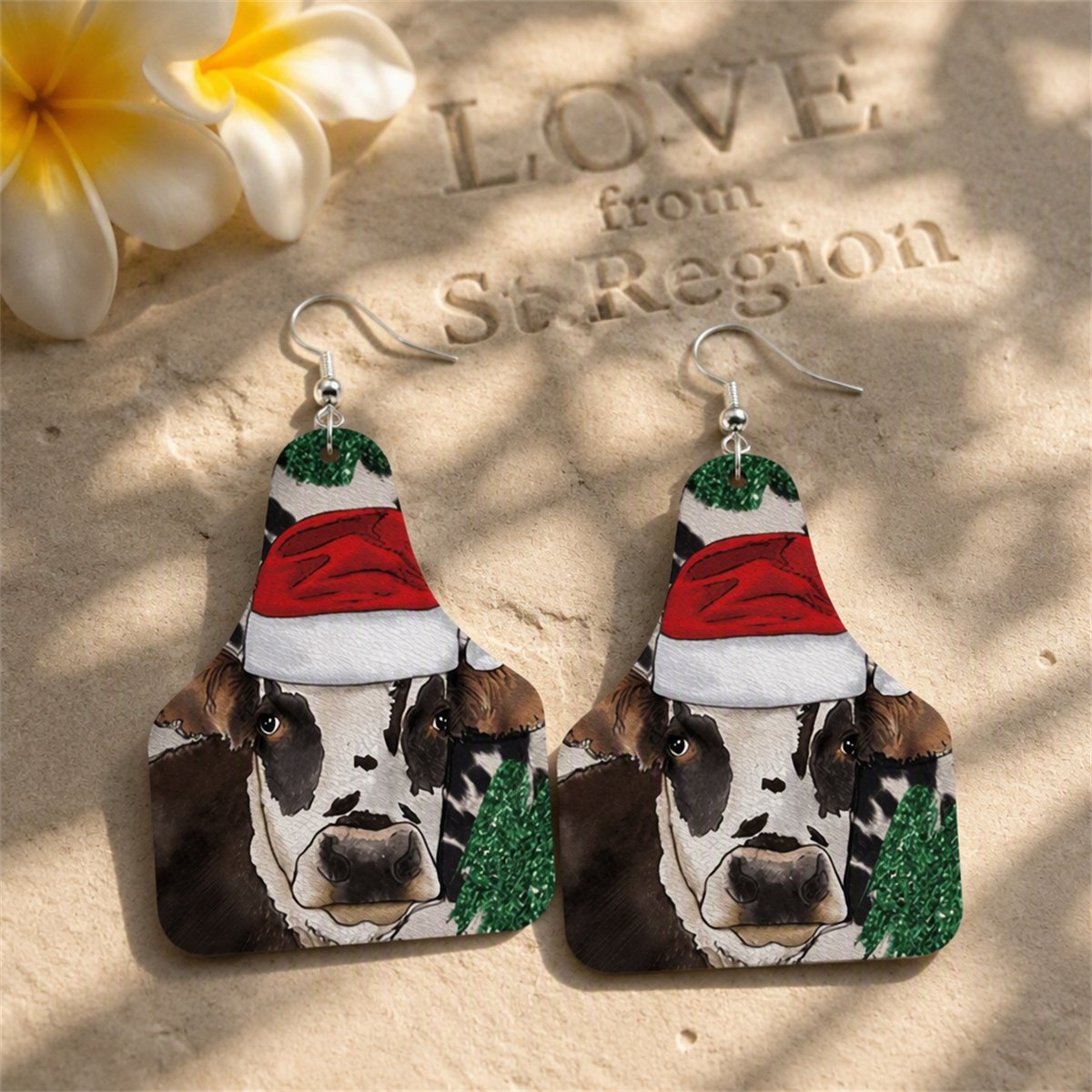 Red Polystyrene and Silver-Plated Christmas Hat Cow Dangle Earrings, silver drop earrings for women, lifestyle look