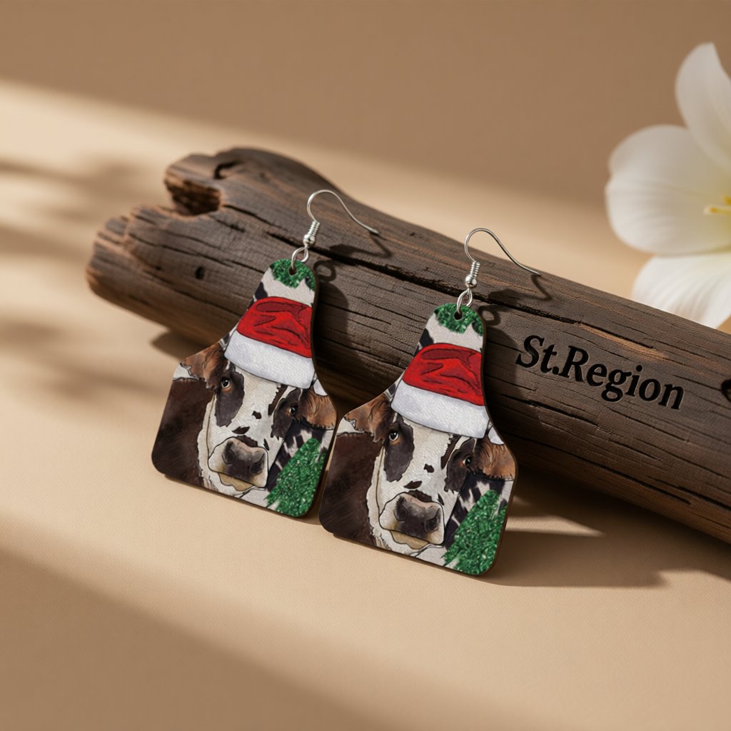 Red Polystyrene and Silver-Plated Christmas Hat Cow Dangle Earrings, silver drop earrings for women, front view
