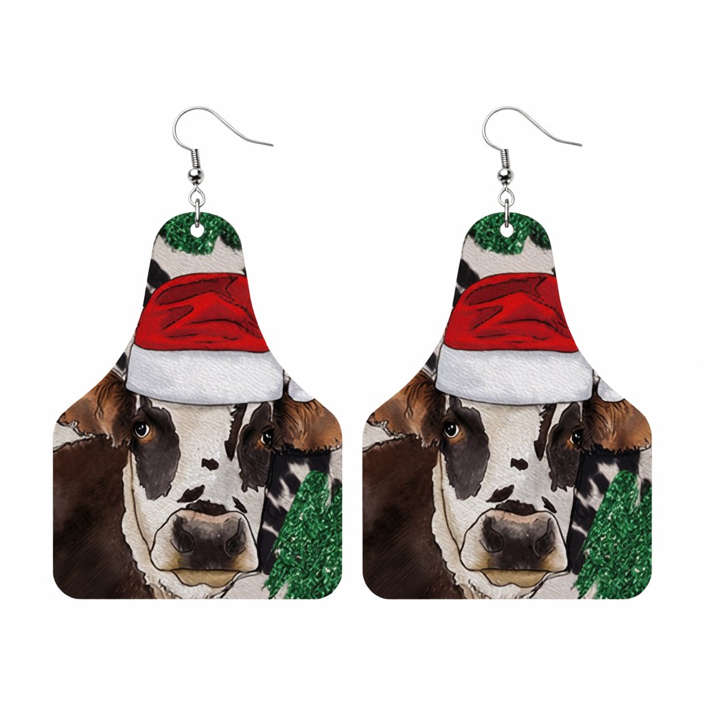 Red Polystyrene and Silver-Plated Christmas Hat Cow Dangle Earrings, silver drop earrings for women, side view