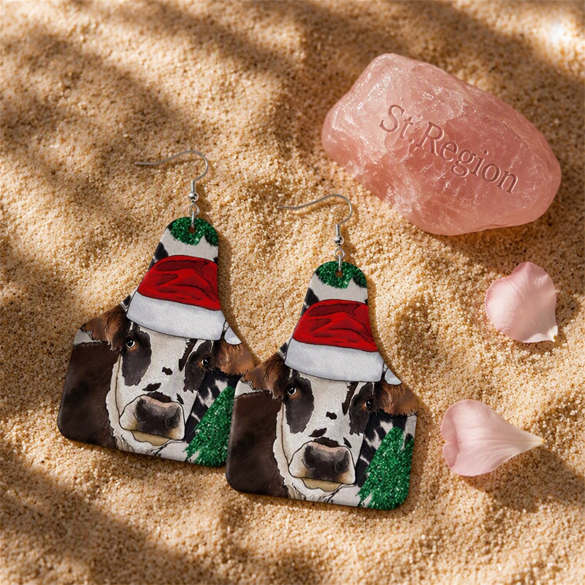 Red Polystyrene and Silver-Plated Christmas Hat Cow Dangle Earrings, silver drop earrings for women, detail close-up