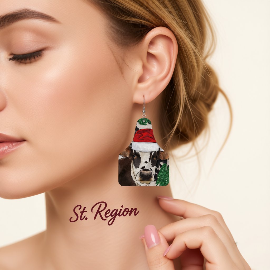 Red Polystyrene and Silver-Plated Christmas Hat Cow Dangle Earrings, silver drop earrings for women, styled look