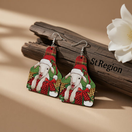Red and Silver-Plated Christmas Hat Goat Dangle Earrings, silver drop earrings for women, botanical inspired, front view