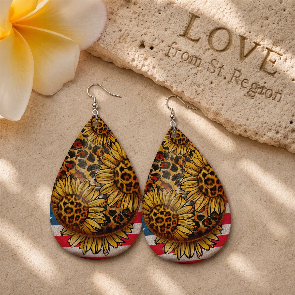 Silver-Plated Leopard Stars and Stripes Sunflower Drop Earrings, silver drop earrings for women, lifestyle look