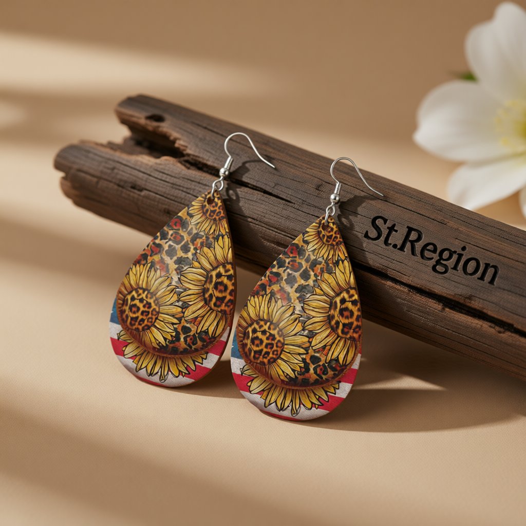 Silver-Plated Leopard Stars and Stripes Sunflower Drop Earrings, silver drop earrings for women, front view